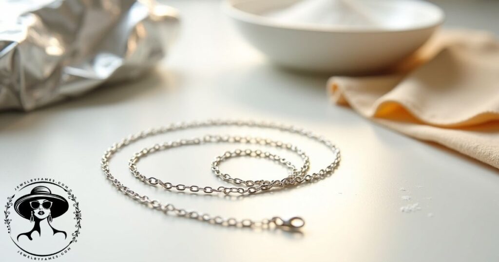 A silver necklace being cleaned with a baking soda and aluminum foil method.