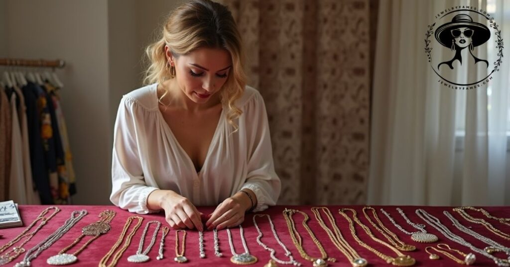 A stylist showcasing the best necklace and outfit combinations.