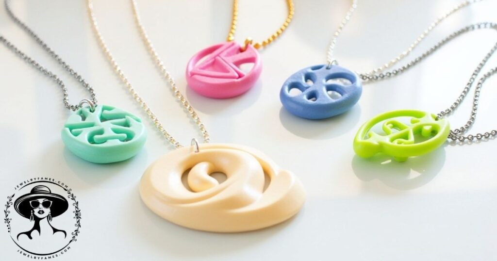 A collection of stylish sensory chew necklaces in various colors and intricate designs, displayed on a reflective surface.
