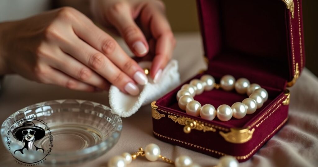 A pearl necklace being cleaned and maintained for lasting shine.