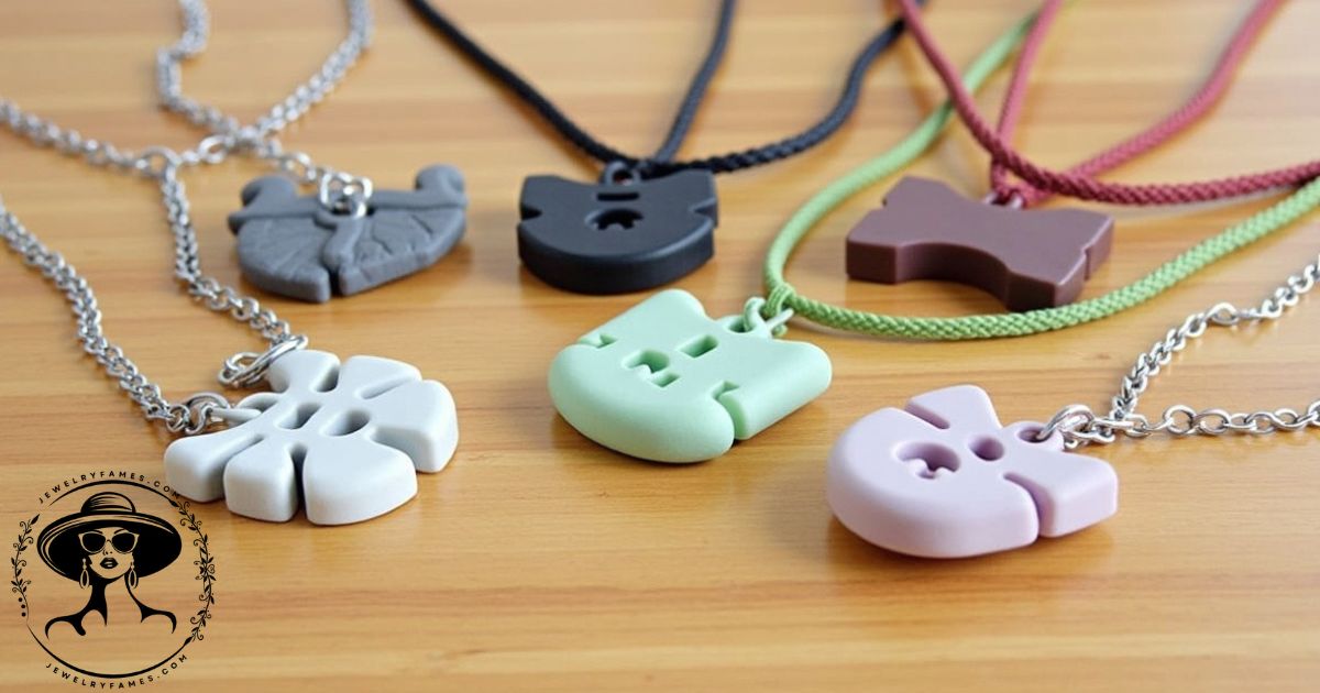 A collection of stylish sensory chew necklaces in various colors and designs, showcasing their dual function as fashionable jewelry and therapeutic tools.