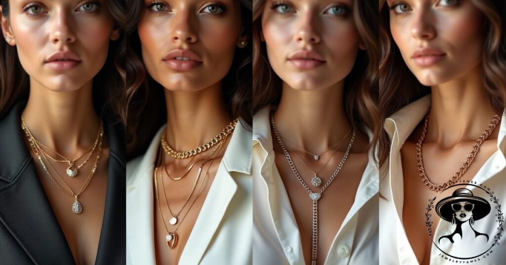 Stylish visual guide pairing different necklace chains with formal, casual, business, and statement outfits.