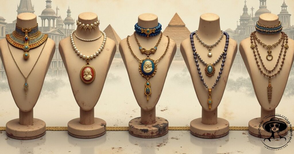 Close-up of a stylish choker necklace showcasing its intricate design and historical charm.