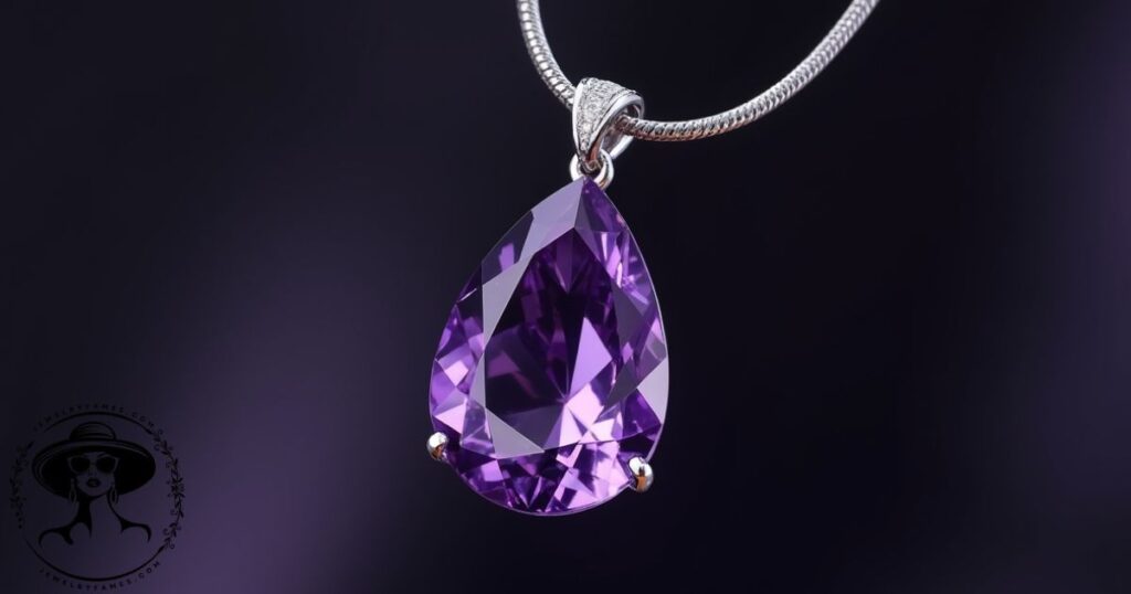 February amethyst top birthstone necklaces with purple teardrop pendant on silver chain.
