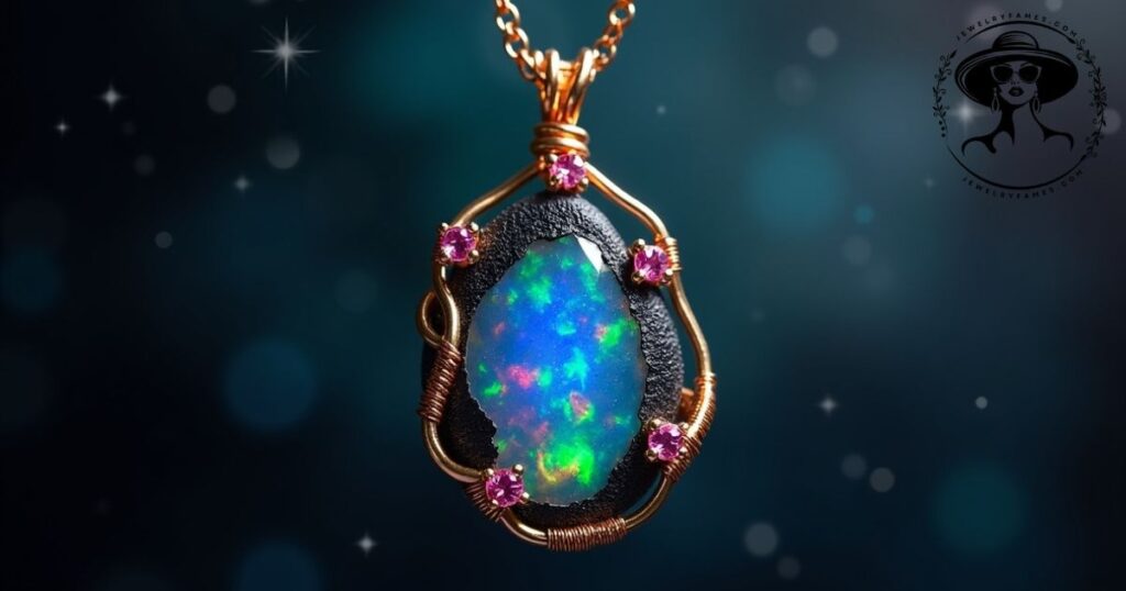 October opal and tourmaline birthstone necklace with colorful gems.