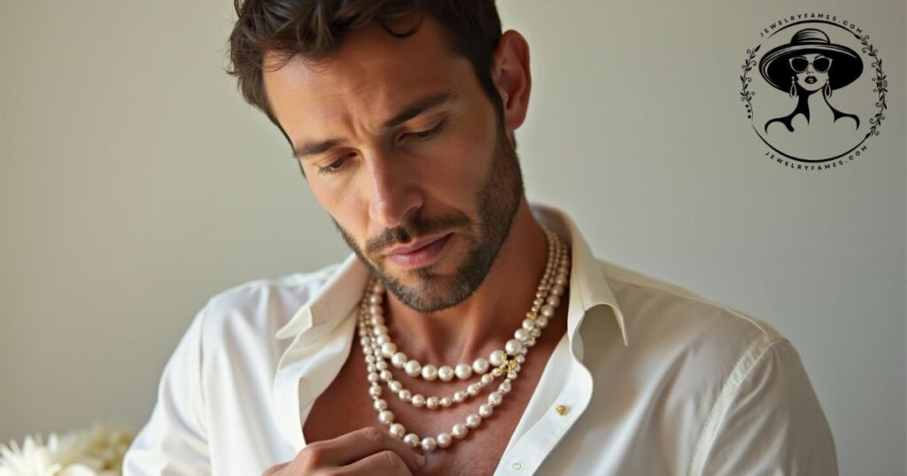 A man wearing a pearl necklace with a tailored suit in a luxurious setting, demonstrating how to style men’s pearl necklaces for formal occasions.