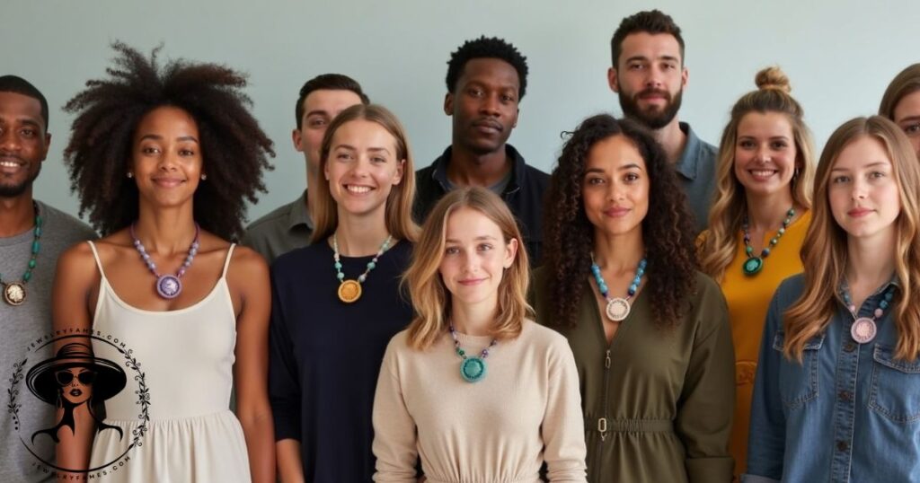 A diverse group of people wearing colorful sensory chew necklaces, standing together and smiling in a well-lit setting.