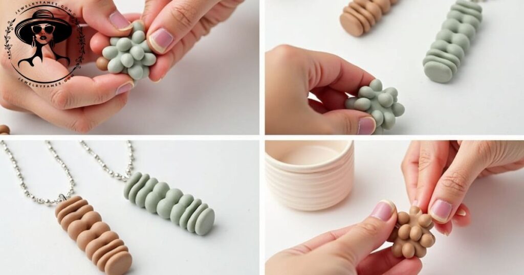 A close-up collage of hands holding and interacting with textured sensory chew necklaces in neutral and pastel colors, designed for stress relief and oral sensory needs.