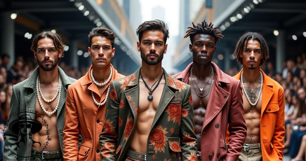 A group of stylish men wearing pearl necklaces at a modern fashion show, highlighting the growing trend of men’s pearl necklace jewelry in 2025.