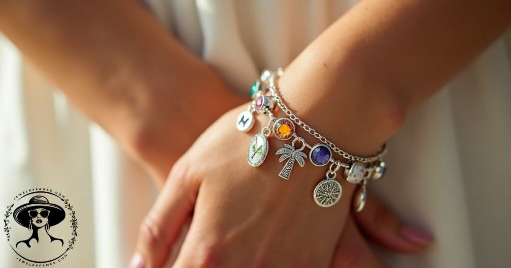 Personalized charm bracelet with birthstones and travel charms and other different types of bracelets