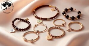 Flat lay of charm, bangle, cuff, leather, beaded, and tennis bracelets on fabric background with different types of bracelets