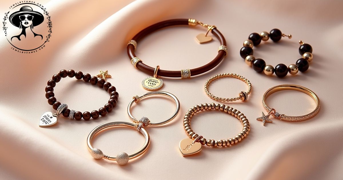 Flat lay of charm, bangle, cuff, leather, beaded, and tennis bracelets on fabric background with different types of bracelets