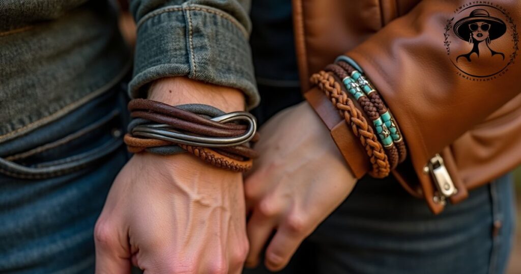 Braided and cuff leather bracelets styled with casual outfits