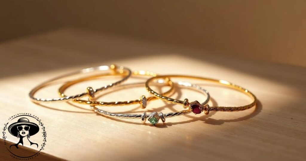 Elegant gold and silver wire bracelets with gemstones