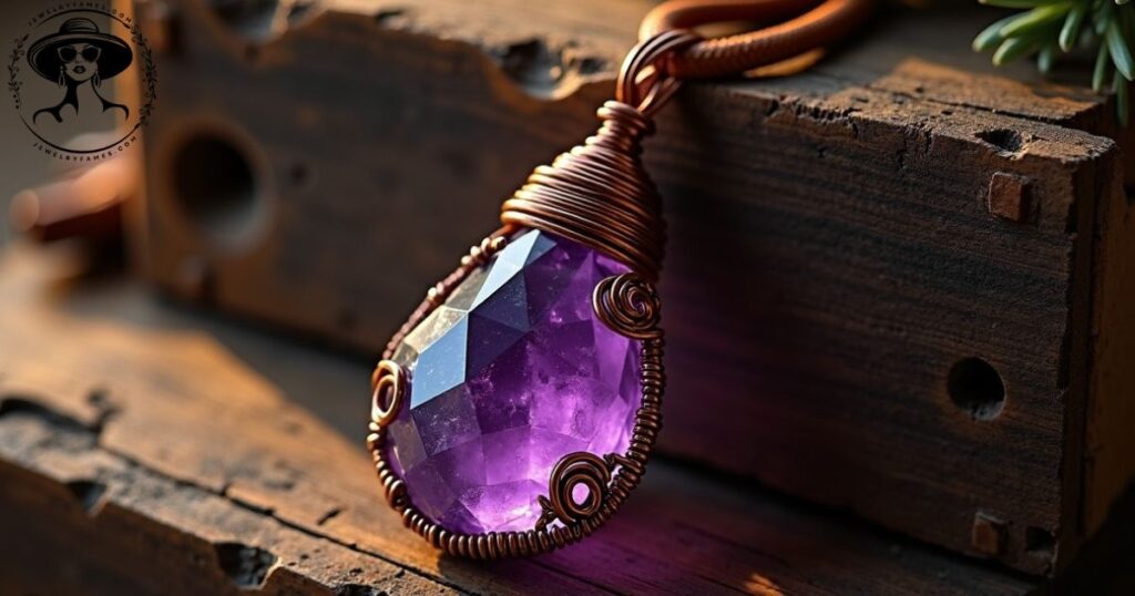 Handmade wire-wrapped amethyst pendant necklace on leather cord