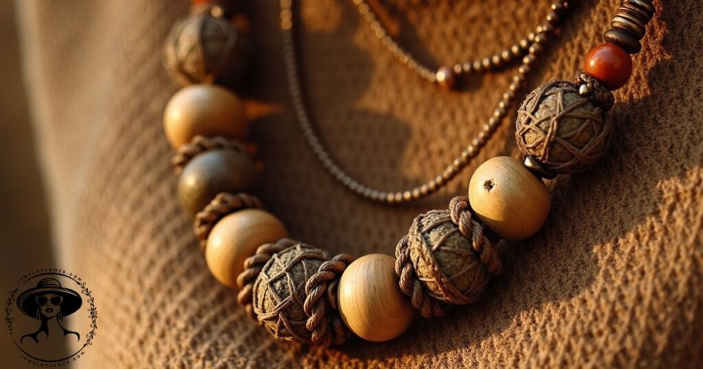 Handmade boho macramé necklace with wooden beads on neutral background