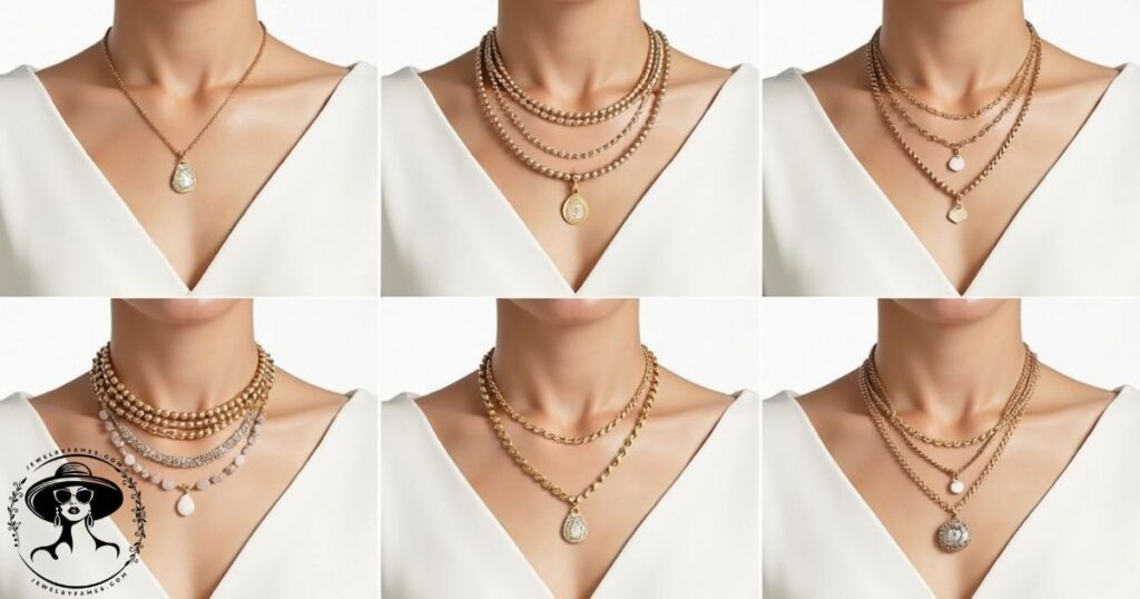 Fashionable woman demonstrating how to style layered gold necklaces for 2025 trends