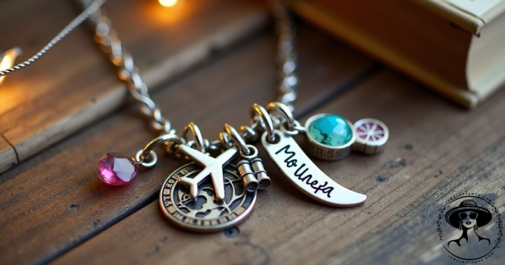 Custom charm necklace with meaningful symbols on wooden background
