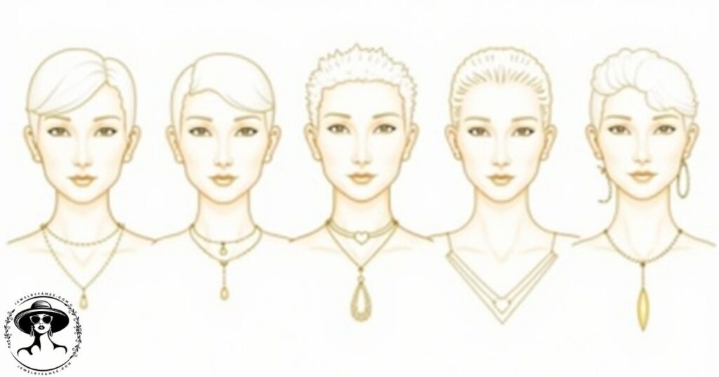 Necklace styling cheat sheet: face shapes, necklines, layering, formality and proportions guide.