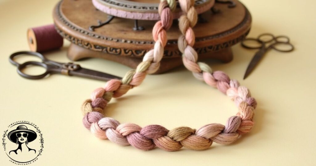Colorful braided fabric necklace with wooden beads on craft table